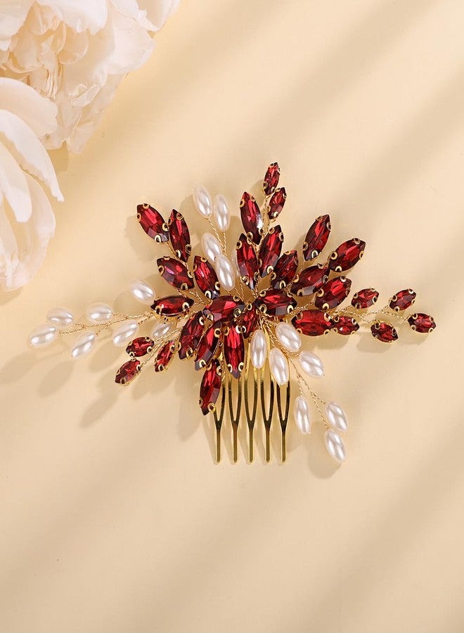 Xerling Pearls Rhinestone Hair Comb Wedding Hair Accessories Vintage Bridal Side Comb Floral Headpiece Hair Jewelry Multi Colors Head Piece for Women Brides (Wine Red) - Image 1